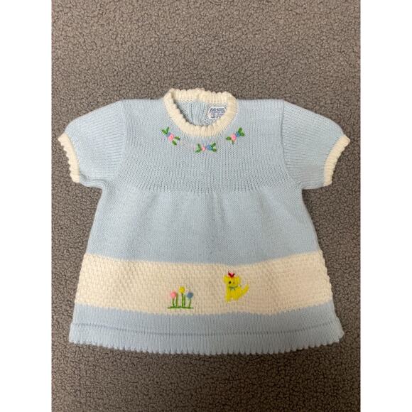 Vintage‎ Glo Knit blue Baby Sweater Dress Size 12 Months Flowers Made in Japan - Picture 1 of 8